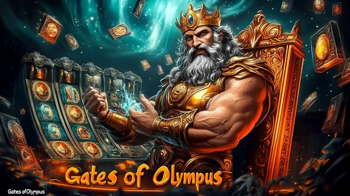 A majestic Zeus figure on a golden throne, surrounded by floating cards and a ek777 slot machine, with Gates of Olympus prominently displayed, inviting players to a mythical gaming experience.