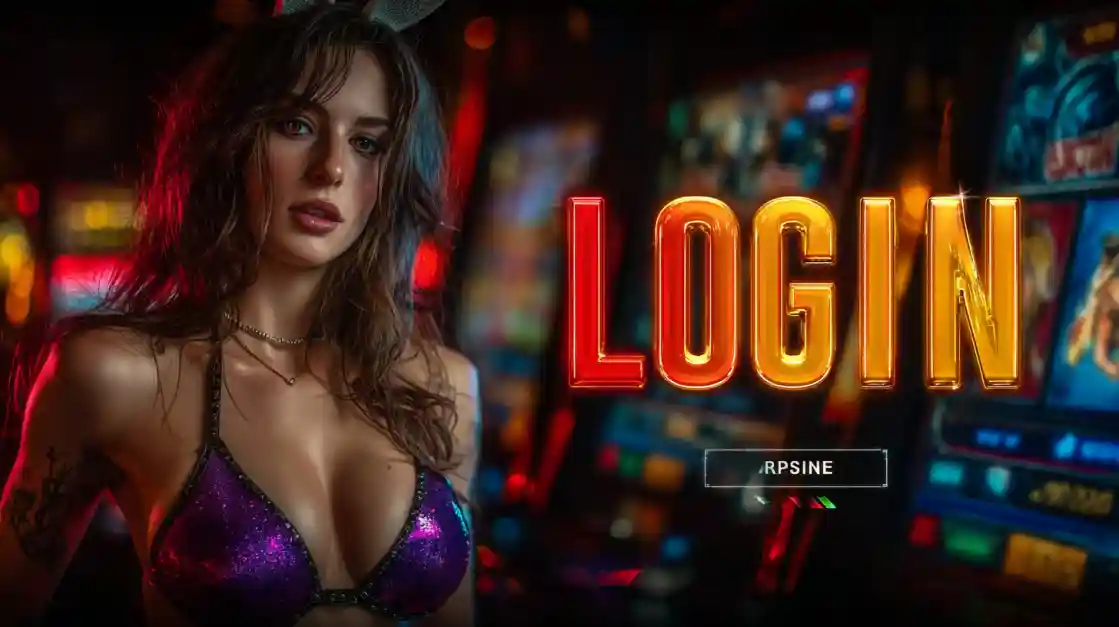 A captivating woman stands beside a LOGIN interface, with ek777 slot machines softly blurred in the background, inviting users to enter the world of ek777.