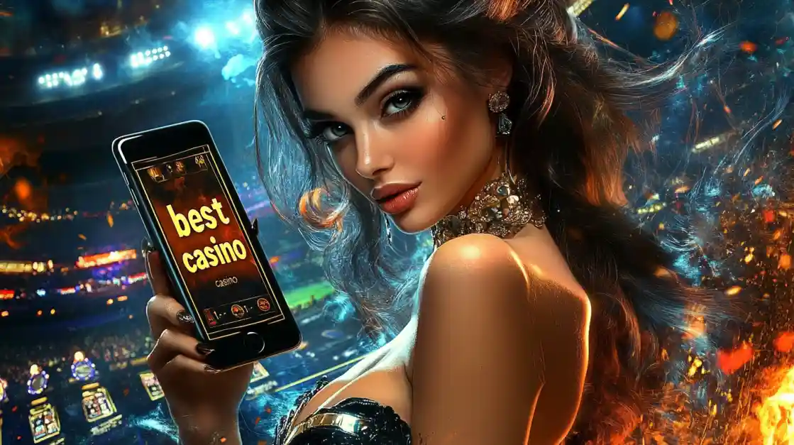 A woman holding a phone showcasing the ek777 casino app in a vibrant stadium-like setting.