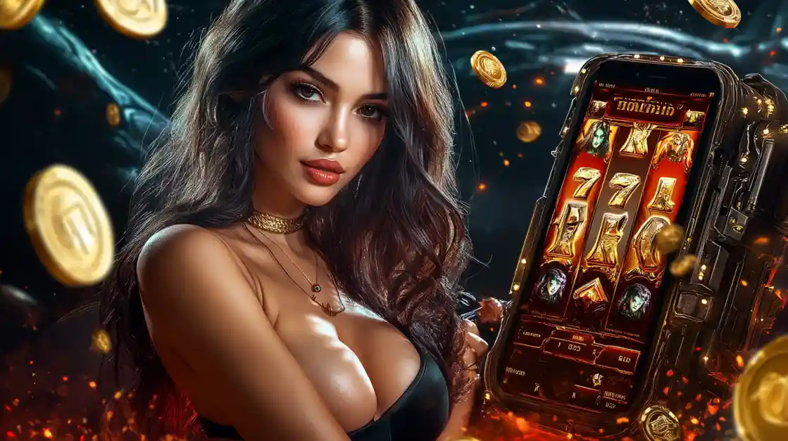 A confident woman holds a smartphone displaying a ek777 mobile slot game with 777 symbols and golden coins.
